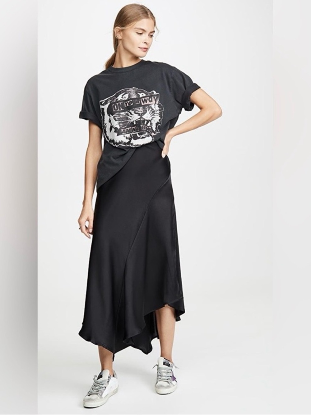 ANINE BING Bailey Asymmetric Silk-satin Midi Skirt In Black
